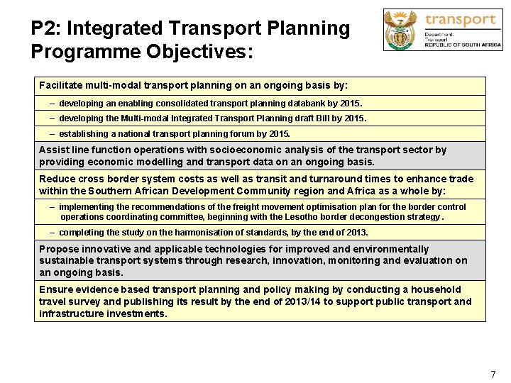 P 2: Integrated Transport Planning Programme Objectives: Facilitate multi-modal transport planning on an ongoing