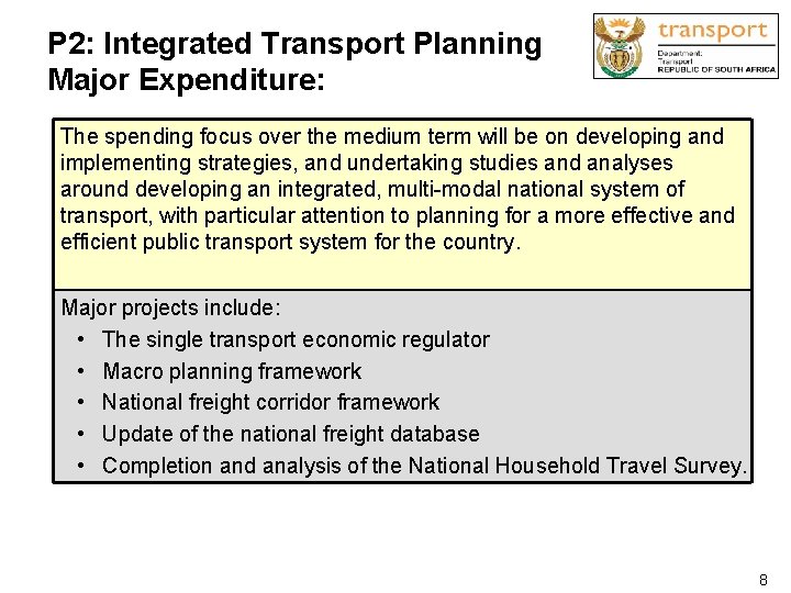 P 2: Integrated Transport Planning Major Expenditure: The spending focus over the medium term