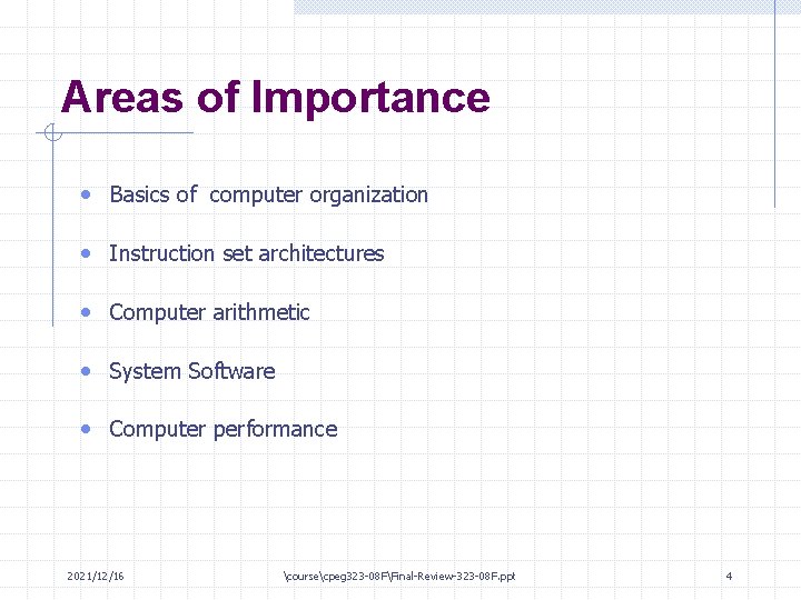Areas of Importance • Basics of computer organization • Instruction set architectures • Computer