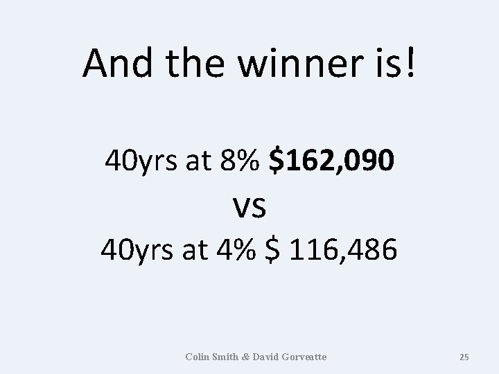 And the winner is! 40 yrs at 8% $162, 090 vs 40 yrs at