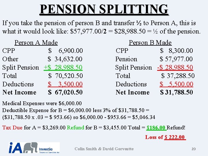 PENSION SPLITTING If you take the pension of person B and transfer ½ to