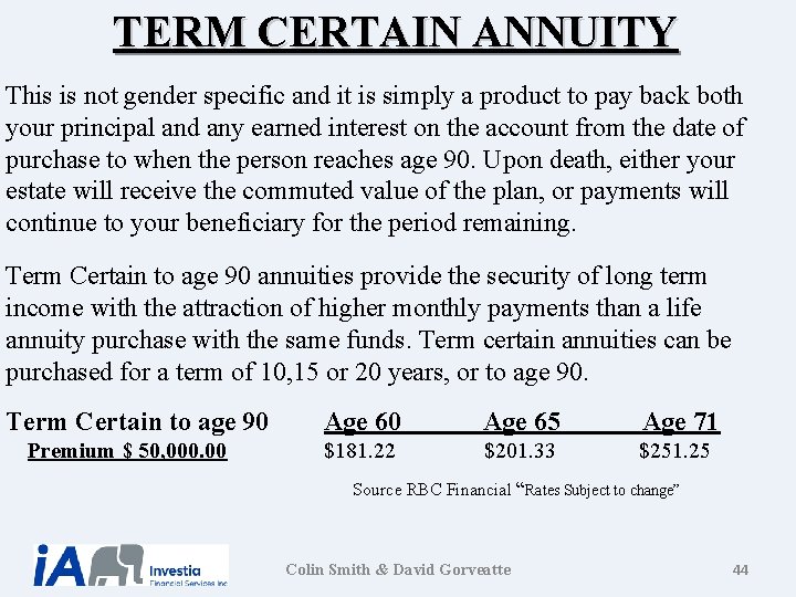 TERM CERTAIN ANNUITY This is not gender specific and it is simply a product