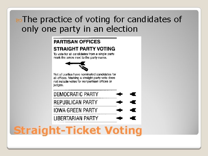  The practice of voting for candidates of only one party in an election