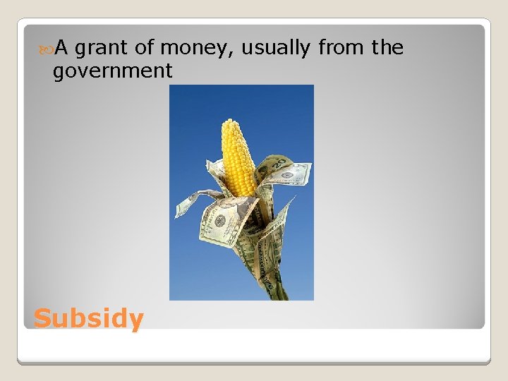  A grant of money, usually from the government Subsidy 