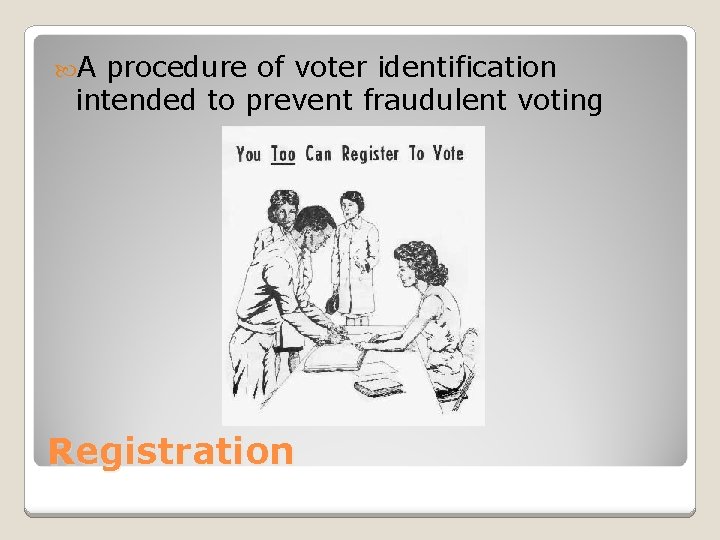  A procedure of voter identification intended to prevent fraudulent voting Registration 