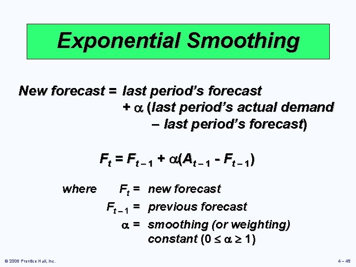 Exponential Smoothing New forecast = last period’s forecast + (last period’s actual demand –