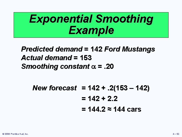 Exponential Smoothing Example Predicted demand = 142 Ford Mustangs Actual demand = 153 Smoothing