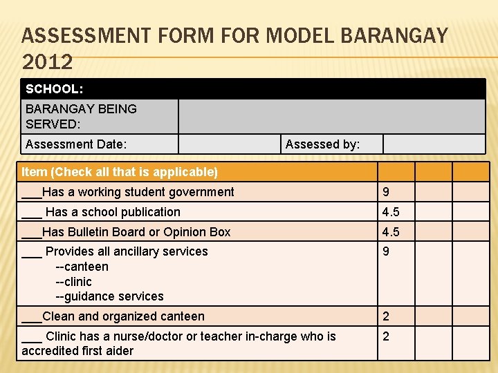 ASSESSMENT FORM FOR MODEL BARANGAY 2012 SCHOOL: BARANGAY BEING SERVED: Assessment Date: Assessed by: