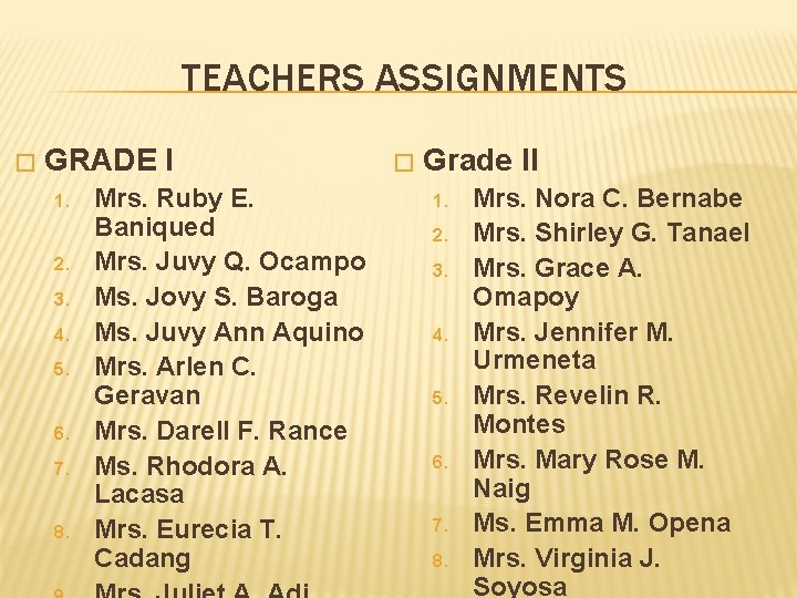 TEACHERS ASSIGNMENTS � GRADE I 1. 2. 3. 4. 5. 6. 7. 8. Mrs.