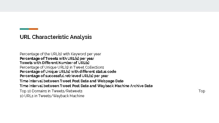 URL Characteristic Analysis Percentage of the URL(s) with Keyword per year Percentage of Tweets
