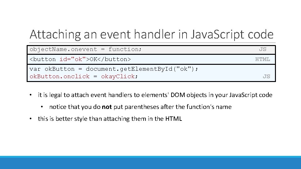 Attaching an event handler in Java. Script code object. Name. onevent = function; <button