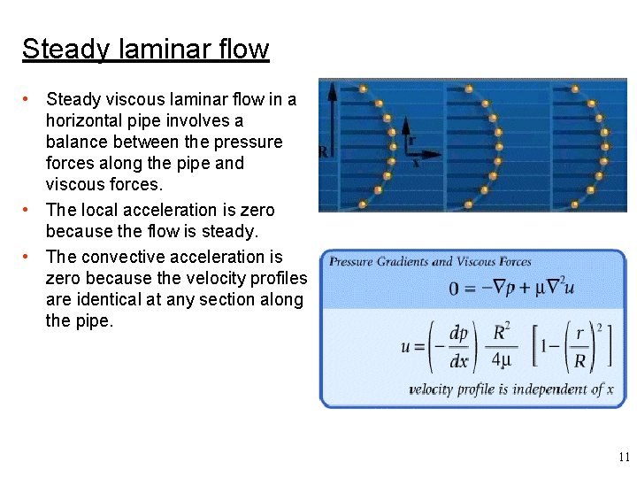 Steady laminar flow • Steady viscous laminar flow in a horizontal pipe involves a