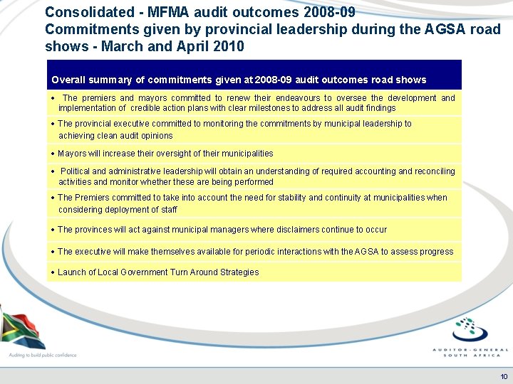 Consolidated - MFMA audit outcomes 2008 -09 Commitments given by provincial leadership during the