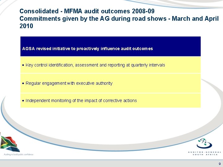 Consolidated - MFMA audit outcomes 2008 -09 Commitments given by the AG during road