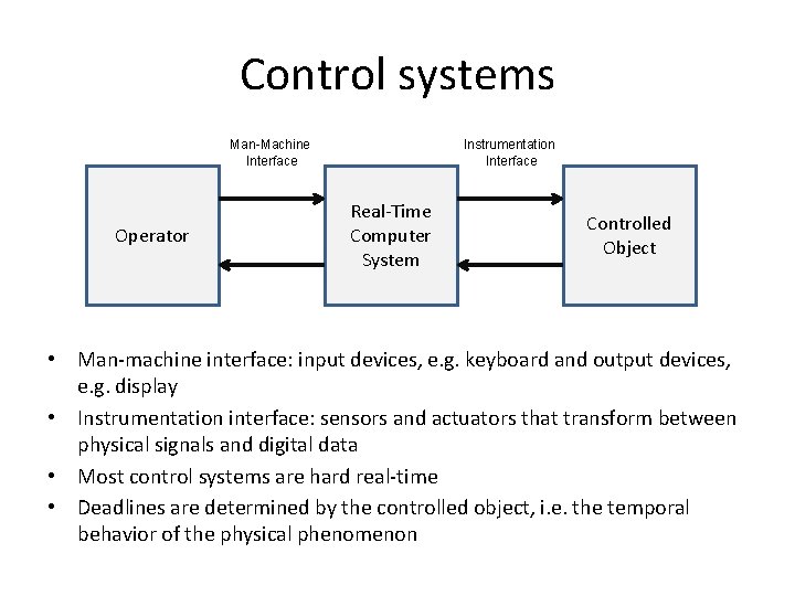 Control systems Man-Machine Interface Operator Instrumentation Interface Real-Time Computer System Controlled Object • Man-machine