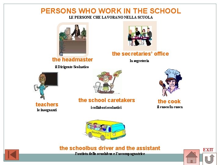 PERSONS WHO WORK IN THE SCHOOL LE PERSONE CHE LAVORANO NELLA SCUOLA the headmaster