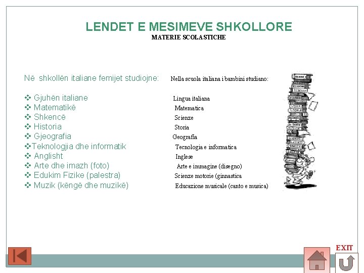 LENDET E MESIMEVE SHKOLLORE MATERIE SCOLASTICHE Në shkollën italiane femijet studiojne: v Gjuhën italiane