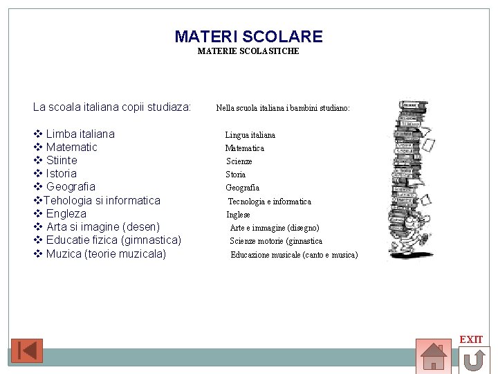 MATERI SCOLARE MATERIE SCOLASTICHE La scoala italiana copii studiaza: v Limba italiana v Matematic