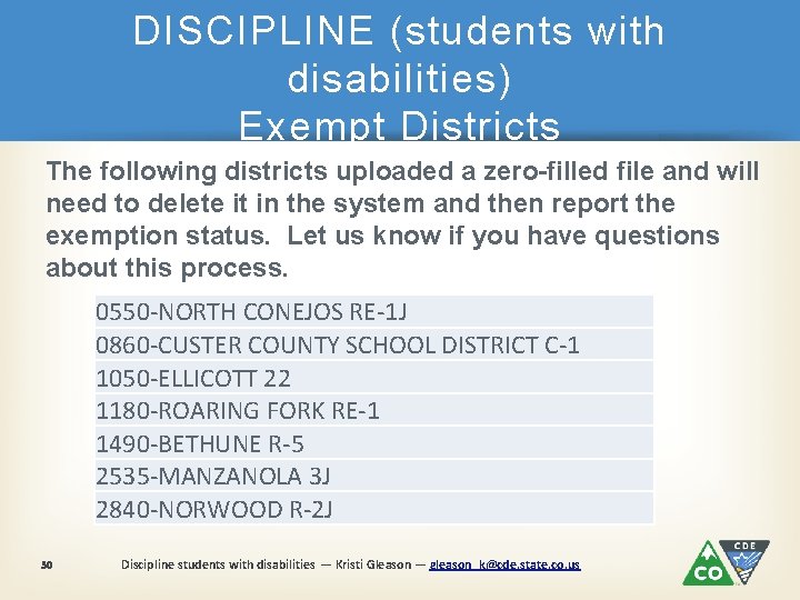 DISCIPLINE (students with disabilities) Exempt Districts The following districts uploaded a zero-filled file and