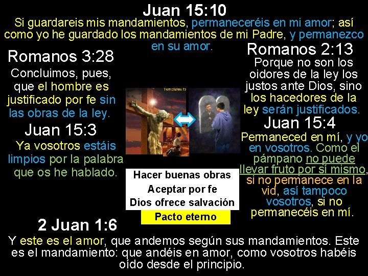 Juan 15: 10 Si guardareis mandamientos, permaneceréis en mi amor; así como yo he