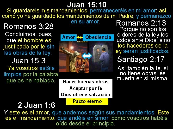 Juan 15: 10 Si guardareis mandamientos, permaneceréis en mi amor; así como yo he