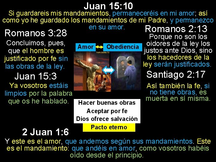 Juan 15: 10 Si guardareis mandamientos, permaneceréis en mi amor; así como yo he