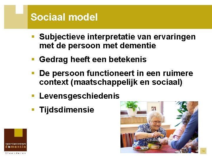 Sociaal model § Subjectieve interpretatie van ervaringen met de persoon met dementie § Gedrag