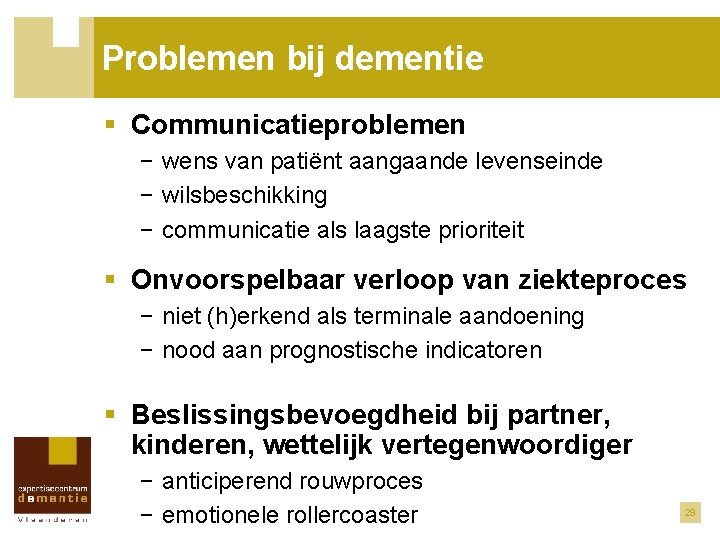 Problemen bij dementie § Communicatieproblemen − wens van patiënt aangaande levenseinde − wilsbeschikking −