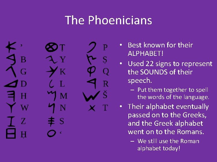 The Phoenicians • Best known for their ALPHABET! • Used 22 signs to represent