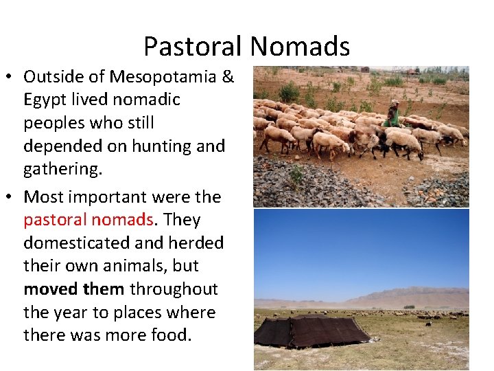 Pastoral Nomads • Outside of Mesopotamia & Egypt lived nomadic peoples who still depended