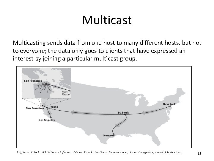 Multicasting sends data from one host to many different hosts, but not to everyone;