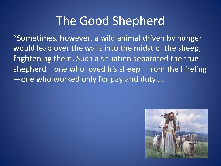 The Good Shepherd “Sometimes, however, a wild animal driven by hunger would leap over