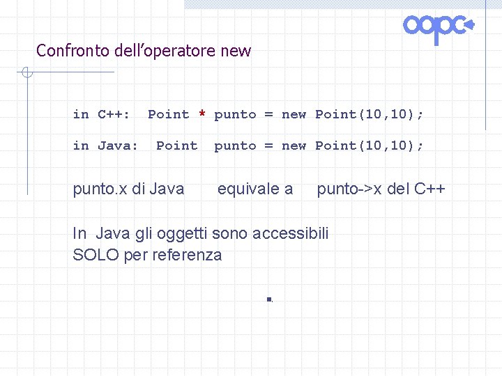 Confronto dell’operatore new in C++: in Java: Point * punto = new Point(10, 10);