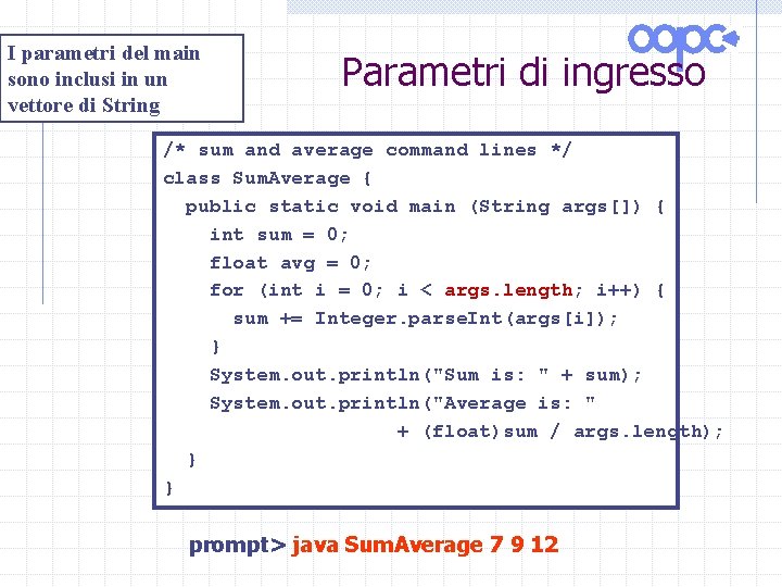 I parametri del main sono inclusi in un vettore di String Parametri di ingresso