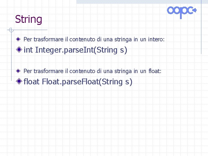 String Per trasformare il contenuto di una stringa in un intero: int Integer. parse.