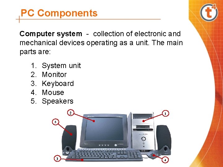 PC Components Computer system - collection of electronic and mechanical devices operating as a