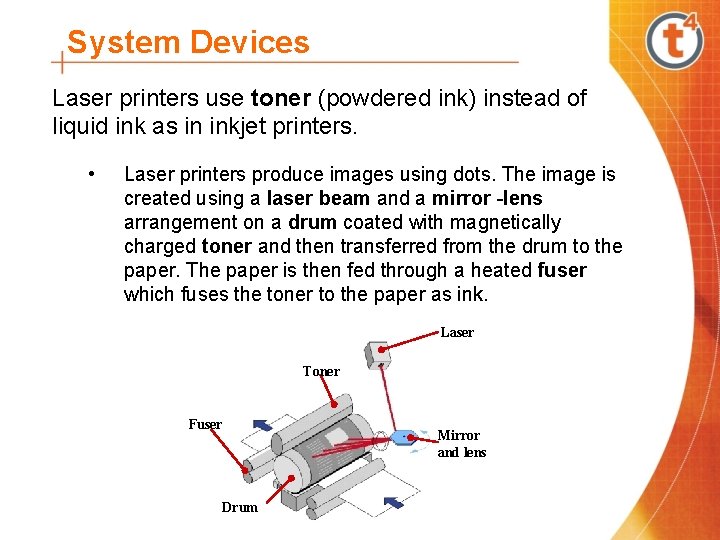 System Devices Laser printers use toner (powdered ink) instead of liquid ink as in