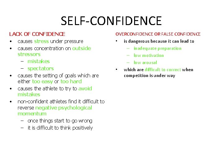 SELF-CONFIDENCE LACK OF CONFIDENCE • causes stress under pressure • causes concentration on outside