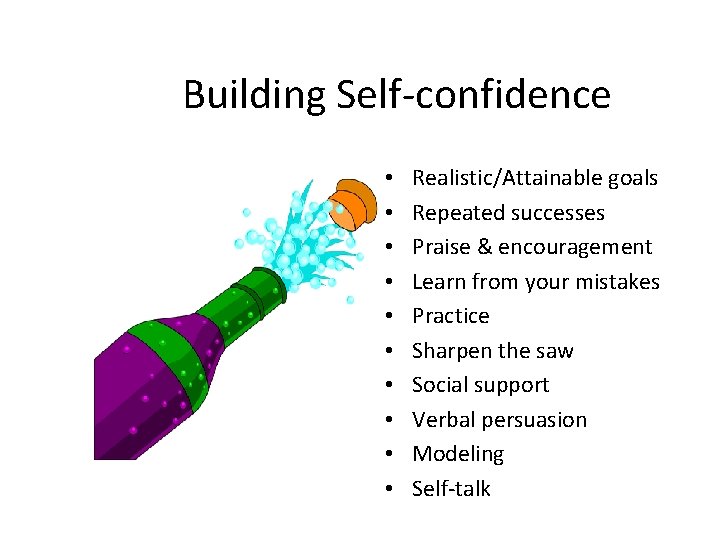 Building Self-confidence • • • Realistic/Attainable goals Repeated successes Praise & encouragement Learn from