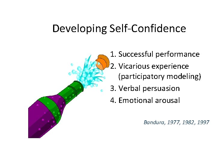 Developing Self-Confidence 1. Successful performance 2. Vicarious experience (participatory modeling) 3. Verbal persuasion 4.