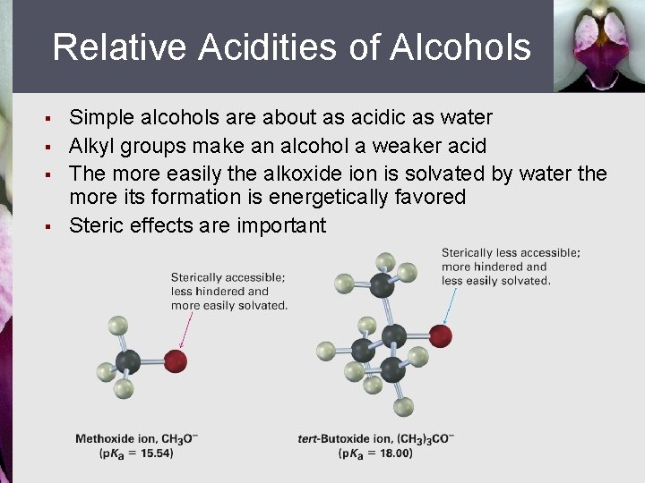 Relative Acidities of Alcohols § § Simple alcohols are about as acidic as water