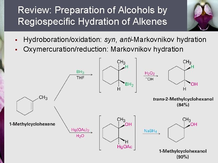 Review: Preparation of Alcohols by Regiospecific Hydration of Alkenes § § Hydroboration/oxidation: syn, anti-Markovnikov