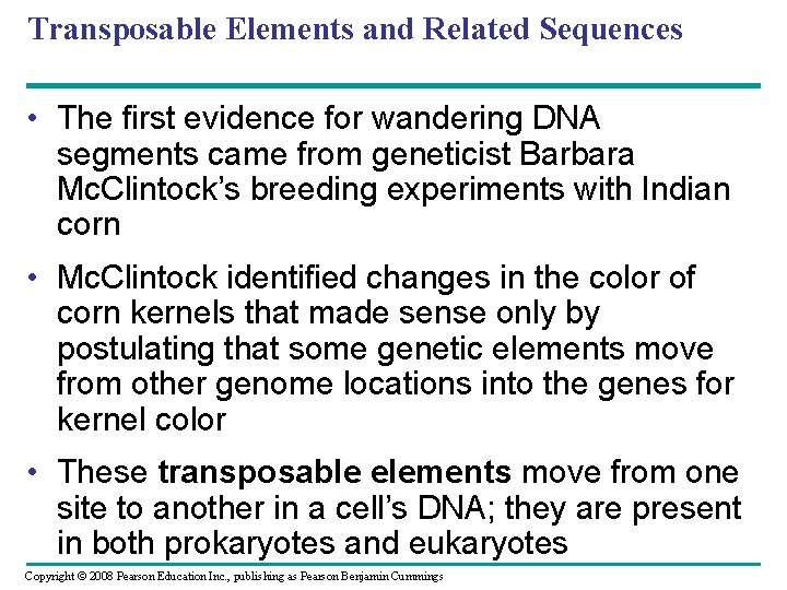 Transposable Elements and Related Sequences • The first evidence for wandering DNA segments came