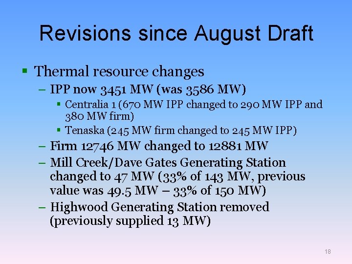 Revisions since August Draft § Thermal resource changes – IPP now 3451 MW (was