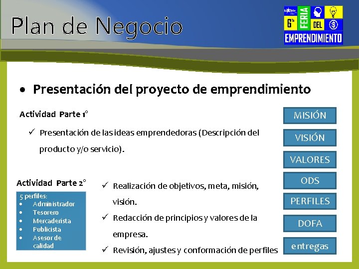 Plan de Negocio Presentación del proyecto de emprendimiento Actividad Parte 1° MISIÓN ü Presentación