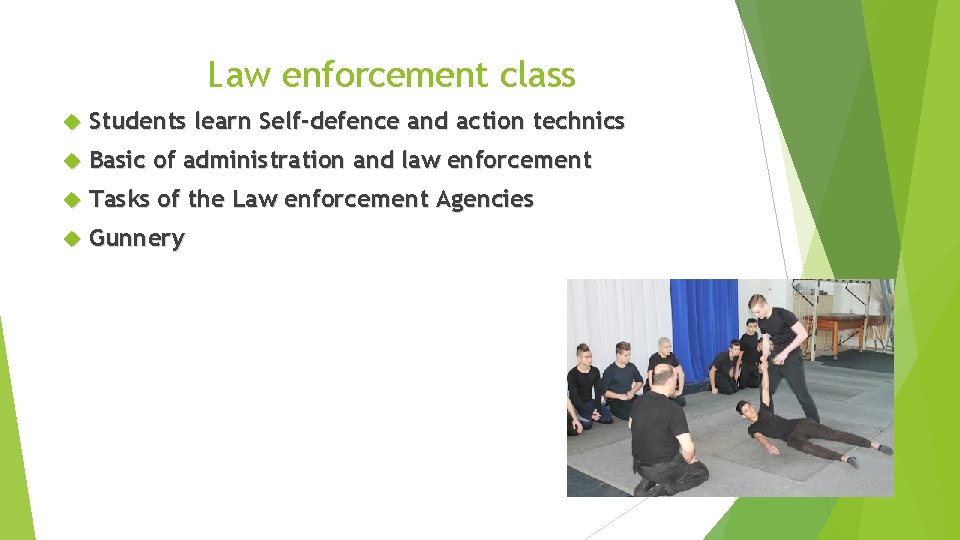 Law enforcement class Students learn Self-defence and action technics Basic of administration and law