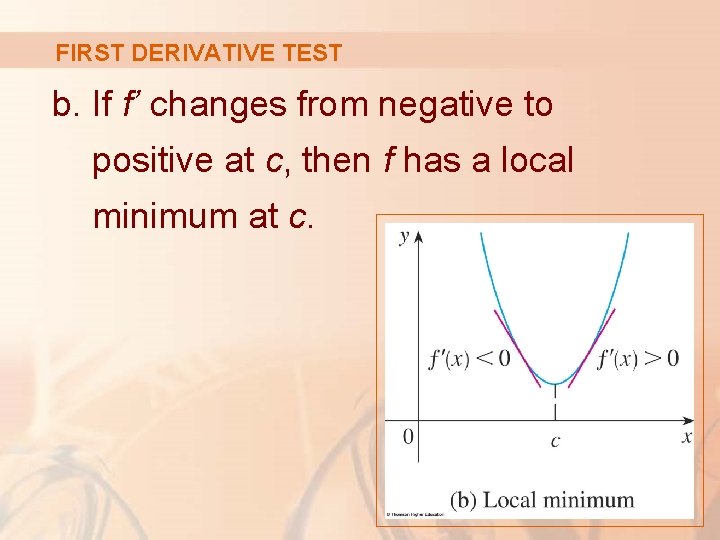 FIRST DERIVATIVE TEST b. If f’ changes from negative to positive at c, then