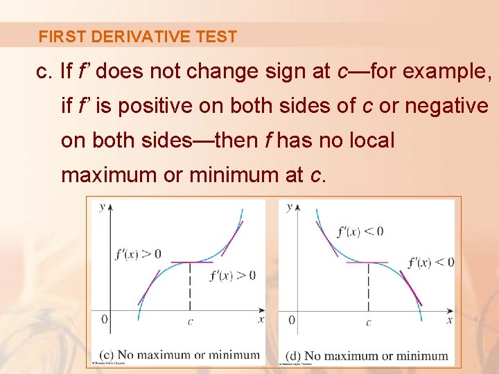 FIRST DERIVATIVE TEST c. If f’ does not change sign at c—for example, if