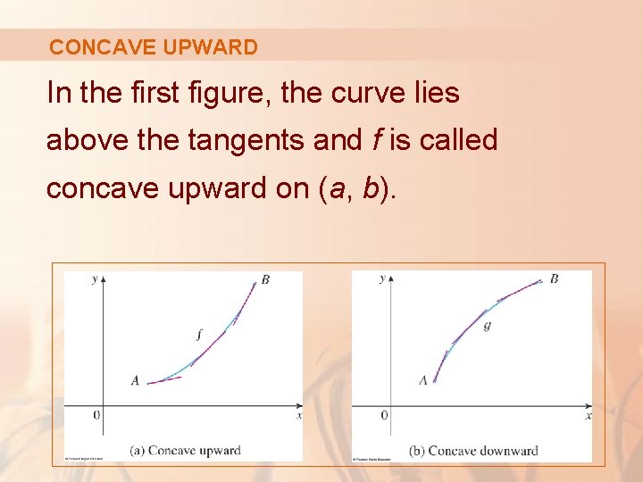 CONCAVE UPWARD In the first figure, the curve lies above the tangents and f