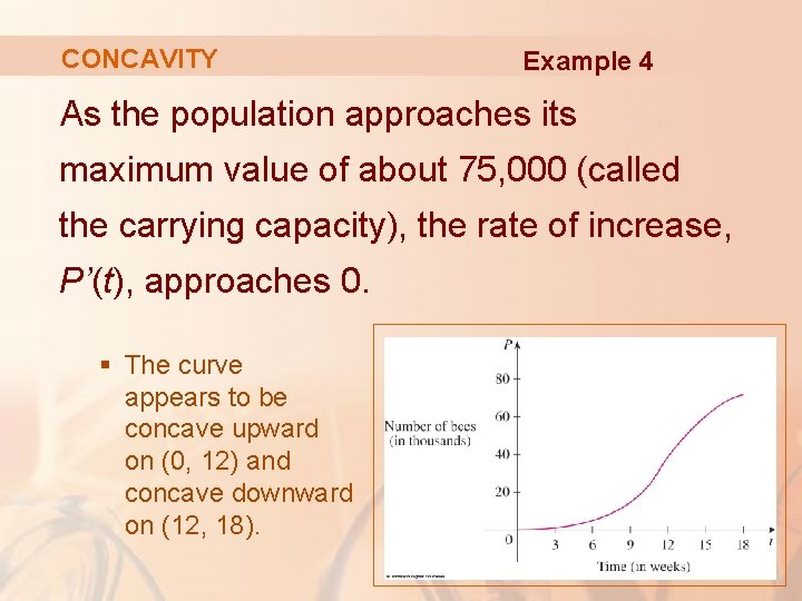 CONCAVITY Example 4 As the population approaches its maximum value of about 75, 000